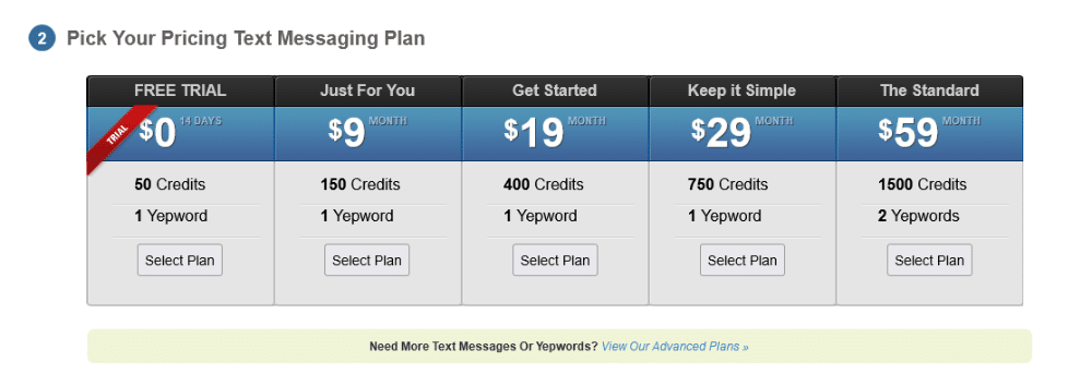 yeptext pricing and plans