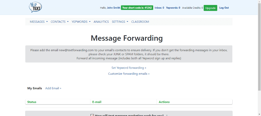 YepText sms forwarding to email